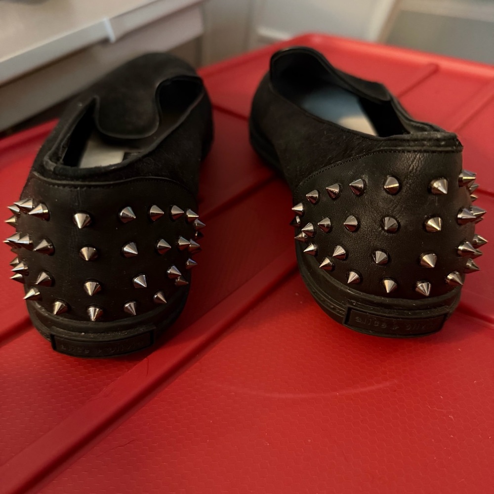 alice + olivia Rory Spiked Heel Leather Suede Slip On Sneakers Black - Picture 3 of 8